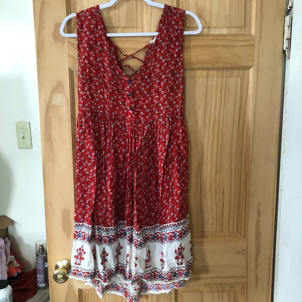 Boho Floral Button Detail Lace Up Back Sundress - Women's Sz M - Red